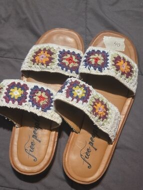 Free People Cream Crochet Slide Sandals with Multicolor Floral Squares